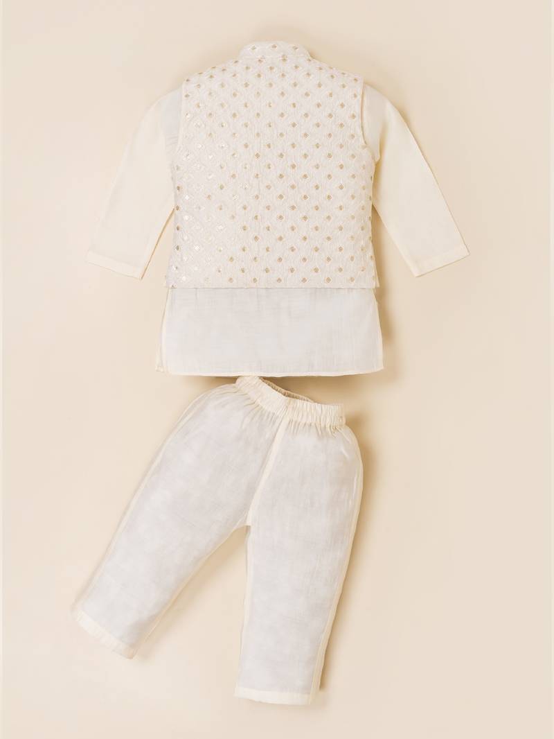 Boy's white blended cotton ethnic kurta pajama set with embroidered nehru jacket