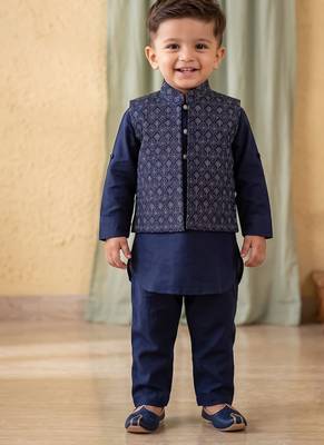 Boy's blue blended cotton ethnic kurta pajama set with embroidered nehru jacket 1