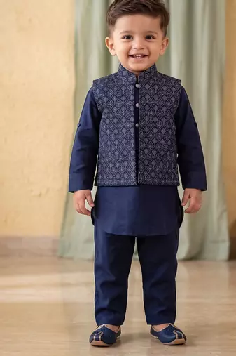 Boy's blue blended cotton ethnic kurta pajama set with embroidered nehru jacket