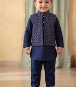 Boy's blue blended cotton ethnic kurta pajama set with embroidered nehru jacket