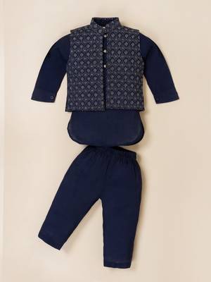 Boy's blue blended cotton ethnic kurta pajama set with embroidered nehru jacket 2