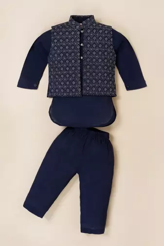 Boy's blue blended cotton ethnic kurta pajama set with embroidered nehru jacket