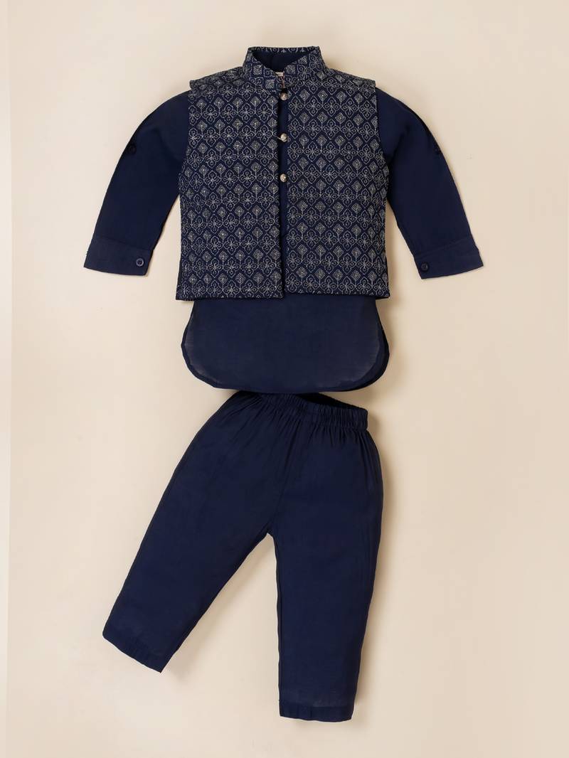 Boy's blue blended cotton ethnic kurta pajama set with embroidered nehru jacket