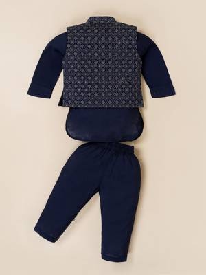 Boy's blue blended cotton ethnic kurta pajama set with embroidered nehru jacket 3