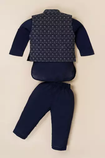 Boy's blue blended cotton ethnic kurta pajama set with embroidered nehru jacket