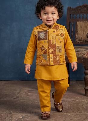 Boy's yellow blended cotton ethnic kurta pajama set with embroidered nehru jacket 1