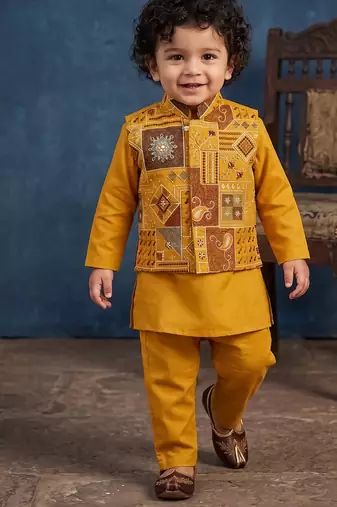 Boy's yellow blended cotton ethnic kurta pajama set with embroidered nehru jacket