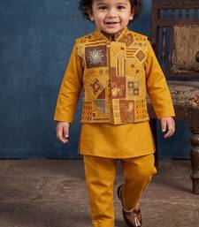 Boy's yellow blended cotton ethnic kurta pajama set with embroidered nehru jacket