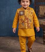 Boy's yellow blended cotton ethnic kurta pajama set with embroidered nehru jacket