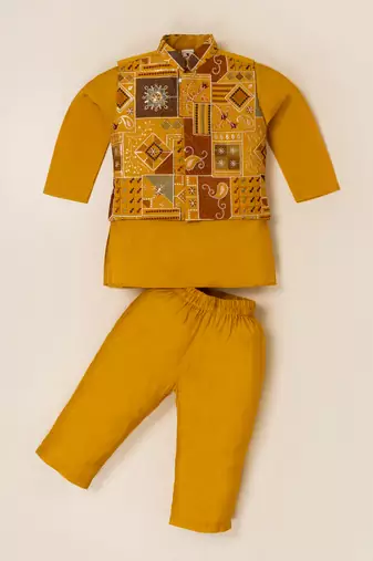 Boy's yellow blended cotton ethnic kurta pajama set with embroidered nehru jacket