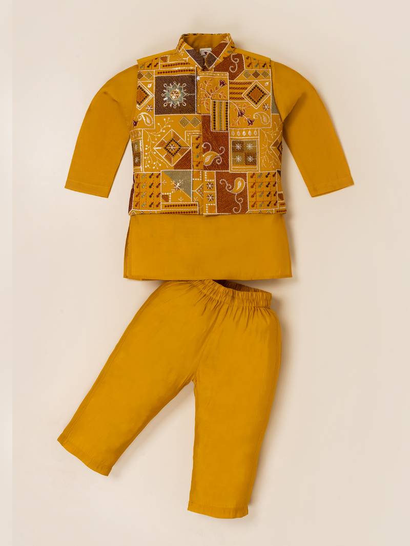 Boy's yellow blended cotton ethnic kurta pajama set with embroidered nehru jacket