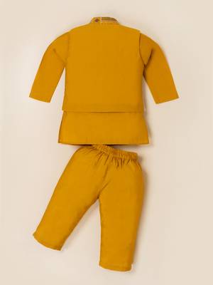 Boy's yellow blended cotton ethnic kurta pajama set with embroidered nehru jacket 3