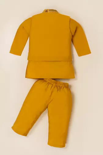 Boy's yellow blended cotton ethnic kurta pajama set with embroidered nehru jacket
