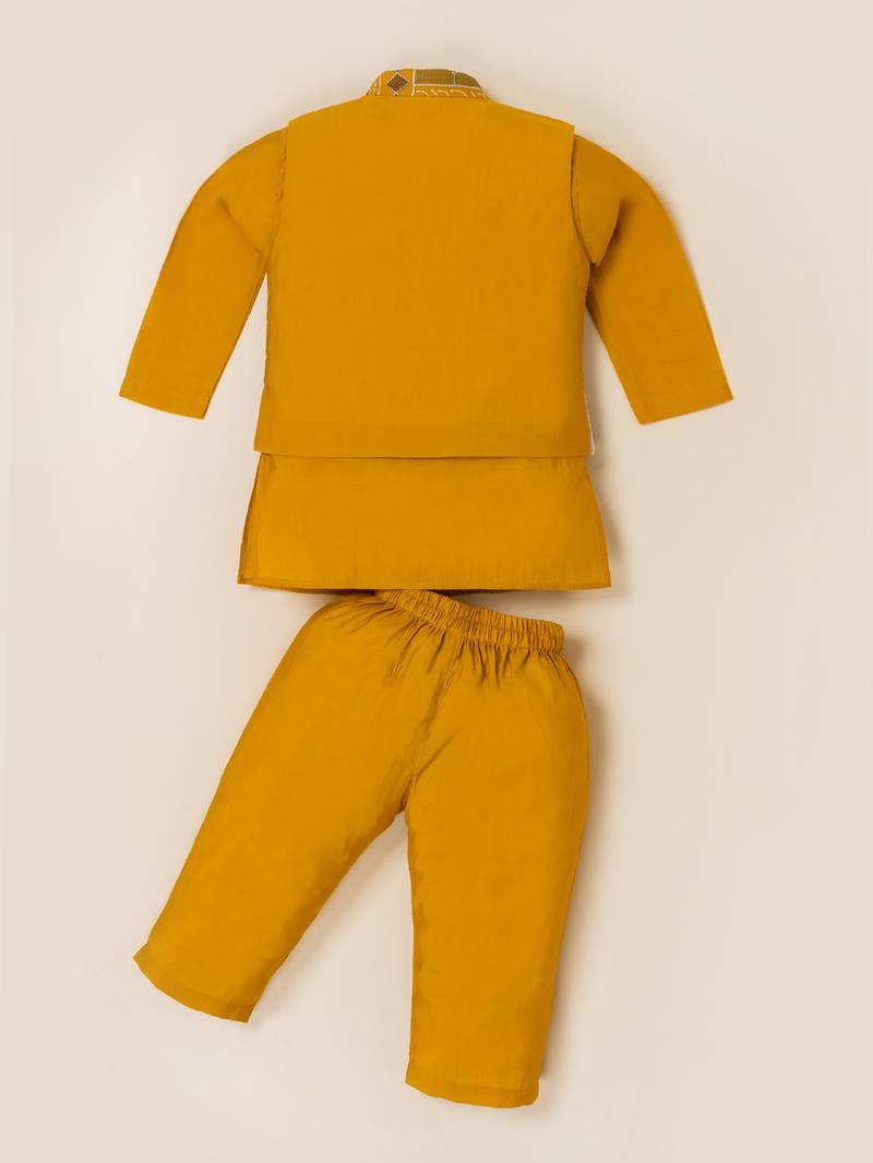 Boy's yellow blended cotton ethnic kurta pajama set with embroidered nehru jacket