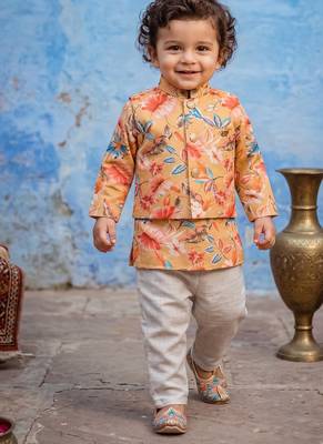 Boy's yellow blended cotton ethnic kurta pajama set with printed nehru jacket 1