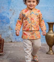 Boy's yellow blended cotton ethnic kurta pajama set with printed nehru jacket