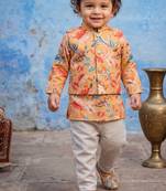 Boy's yellow blended cotton ethnic kurta pajama set with printed nehru jacket
