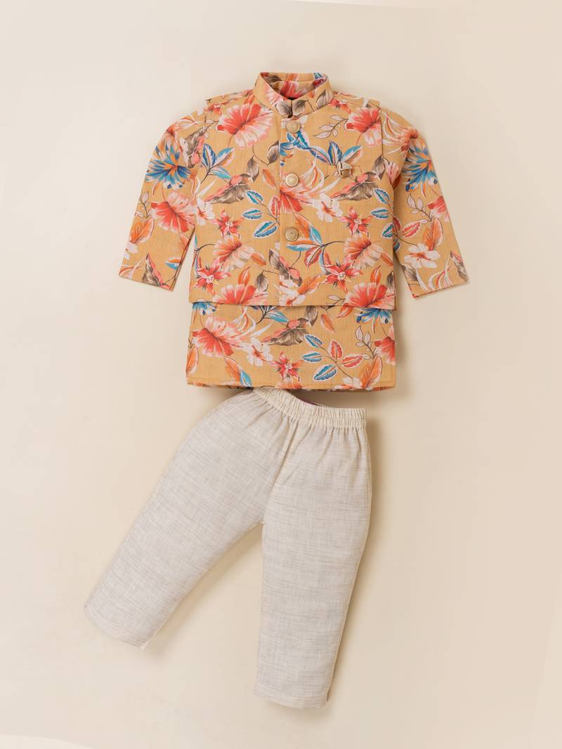 Boy's yellow blended cotton ethnic kurta pajama set with printed nehru jacket