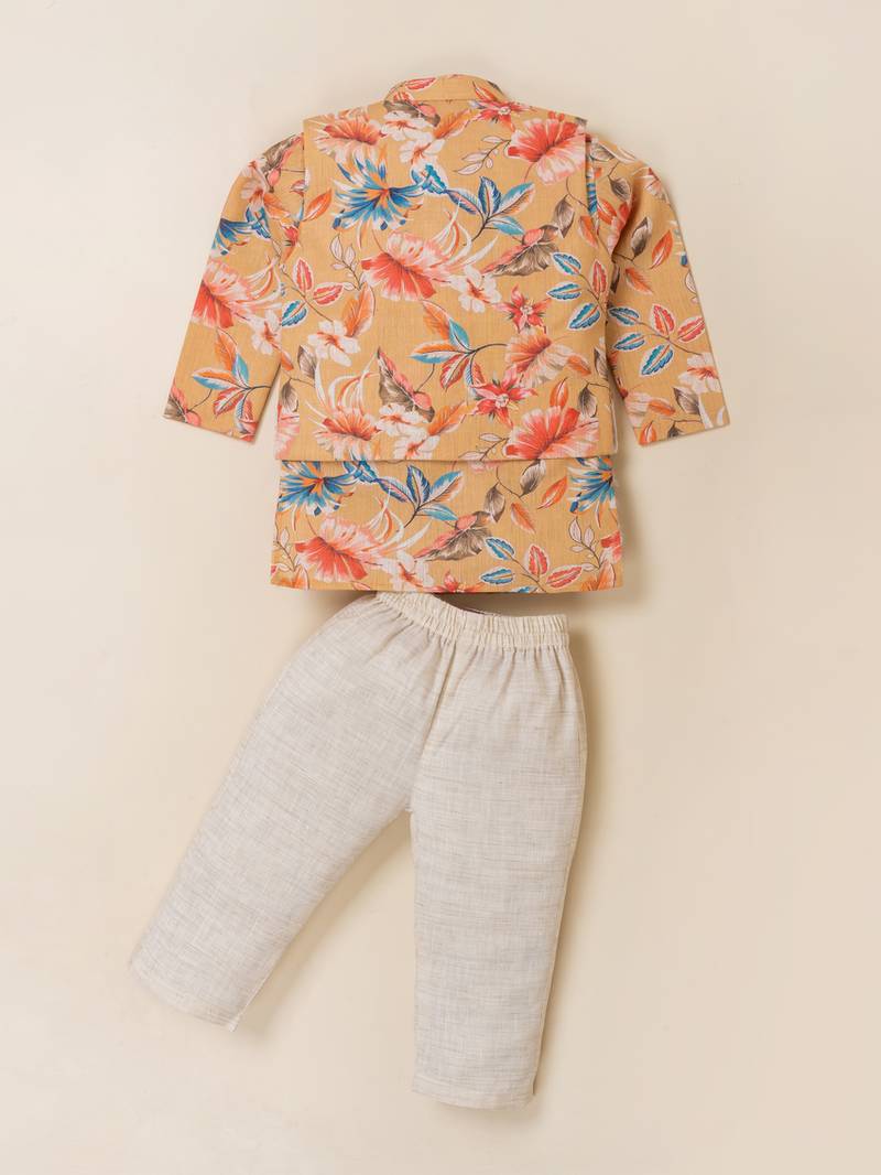 Boy's yellow blended cotton ethnic kurta pajama set with printed nehru jacket