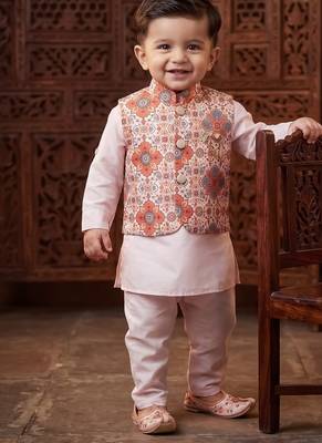 Boy's pink blended cotton ethnic kurta pajama set with printed nehru jacket 1