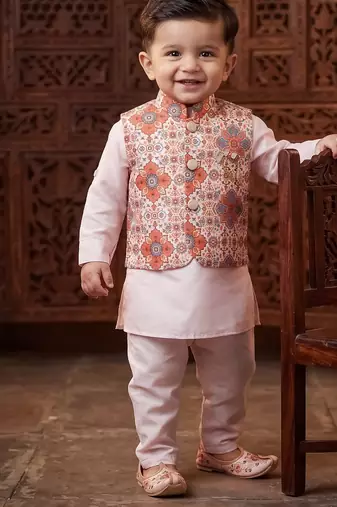 Boy's pink blended cotton ethnic kurta pajama set with printed nehru jacket
