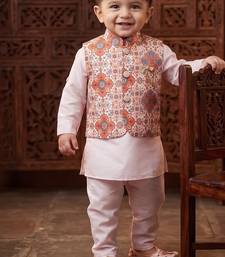 Boy's pink blended cotton ethnic kurta pajama set with printed nehru jacket