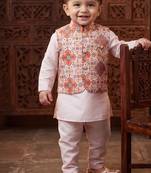 Boy's pink blended cotton ethnic kurta pajama set with printed nehru jacket