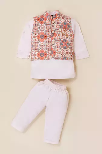 Boy's pink blended cotton ethnic kurta pajama set with printed nehru jacket