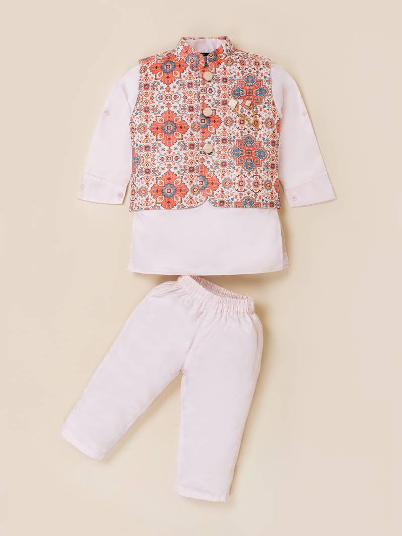 Boy's pink blended cotton ethnic kurta pajama set with printed nehru jacket