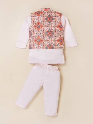 Boy's pink blended cotton ethnic kurta pajama set with printed nehru jacket 3