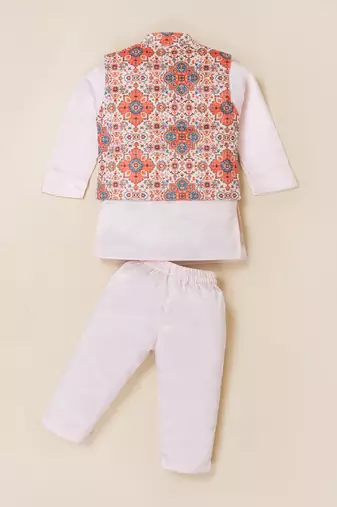 Boy's pink blended cotton ethnic kurta pajama set with printed nehru jacket