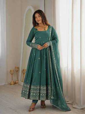 dark green color embroidery and sequins work silk blend gown set 1