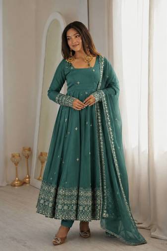 dark green color embroidery and sequins work silk blend gown set