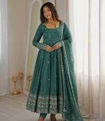 dark green color embroidery and sequins work silk blend gown set