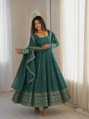 dark green color embroidery and sequins work silk blend gown set 2
