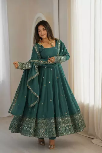 dark green color embroidery and sequins work silk blend gown set