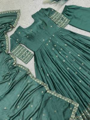 dark green color embroidery and sequins work silk blend gown set 3