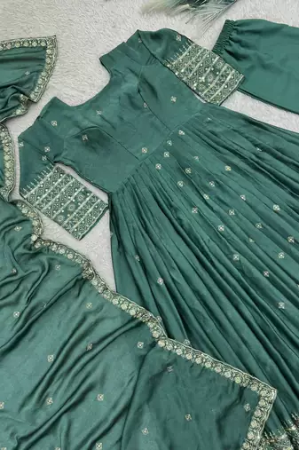 dark green color embroidery and sequins work silk blend gown set
