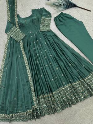 dark green color embroidery and sequins work silk blend gown set 5