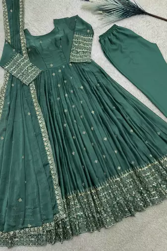 dark green color embroidery and sequins work silk blend gown set