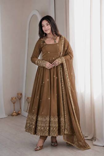 chiku color embroidery and sequins work silk blend gown set