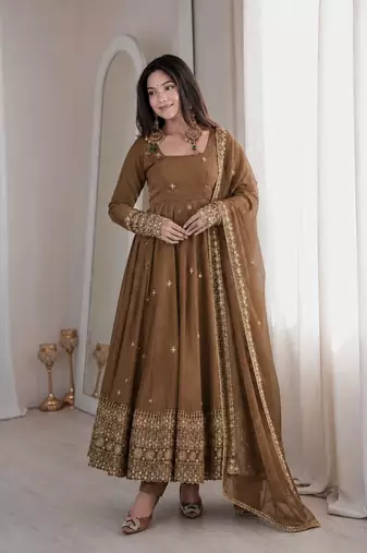 chiku color embroidery and sequins work silk blend gown set