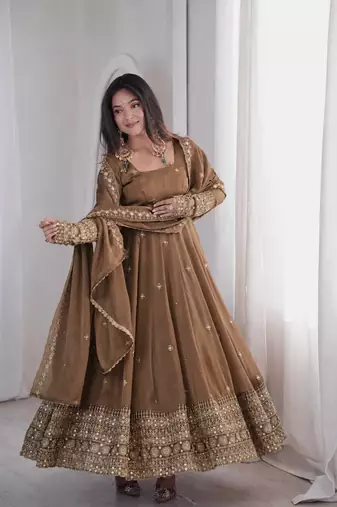 chiku color embroidery and sequins work silk blend gown set