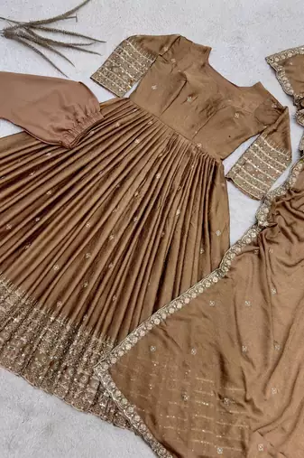 chiku color embroidery and sequins work silk blend gown set