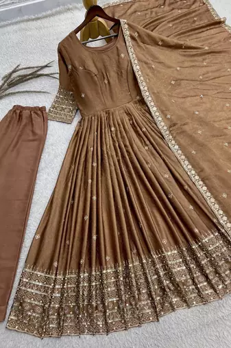 chiku color embroidery and sequins work silk blend gown set