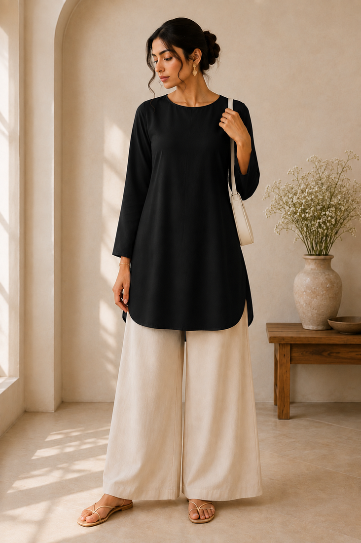 Black cotton plain casual kurta set for women
