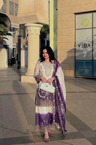 White Color Embroidery And Sequence Work Georgette Salwar Suit 