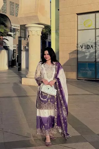 White Color Embroidery And Sequence Work Georgette Salwar Suit 