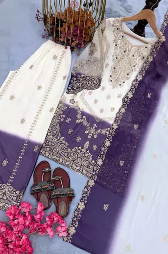 White Color Embroidery And Sequence Work Georgette Salwar Suit 