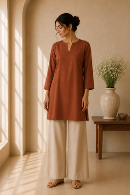 Brown cotton plain casual kurta set for women 1